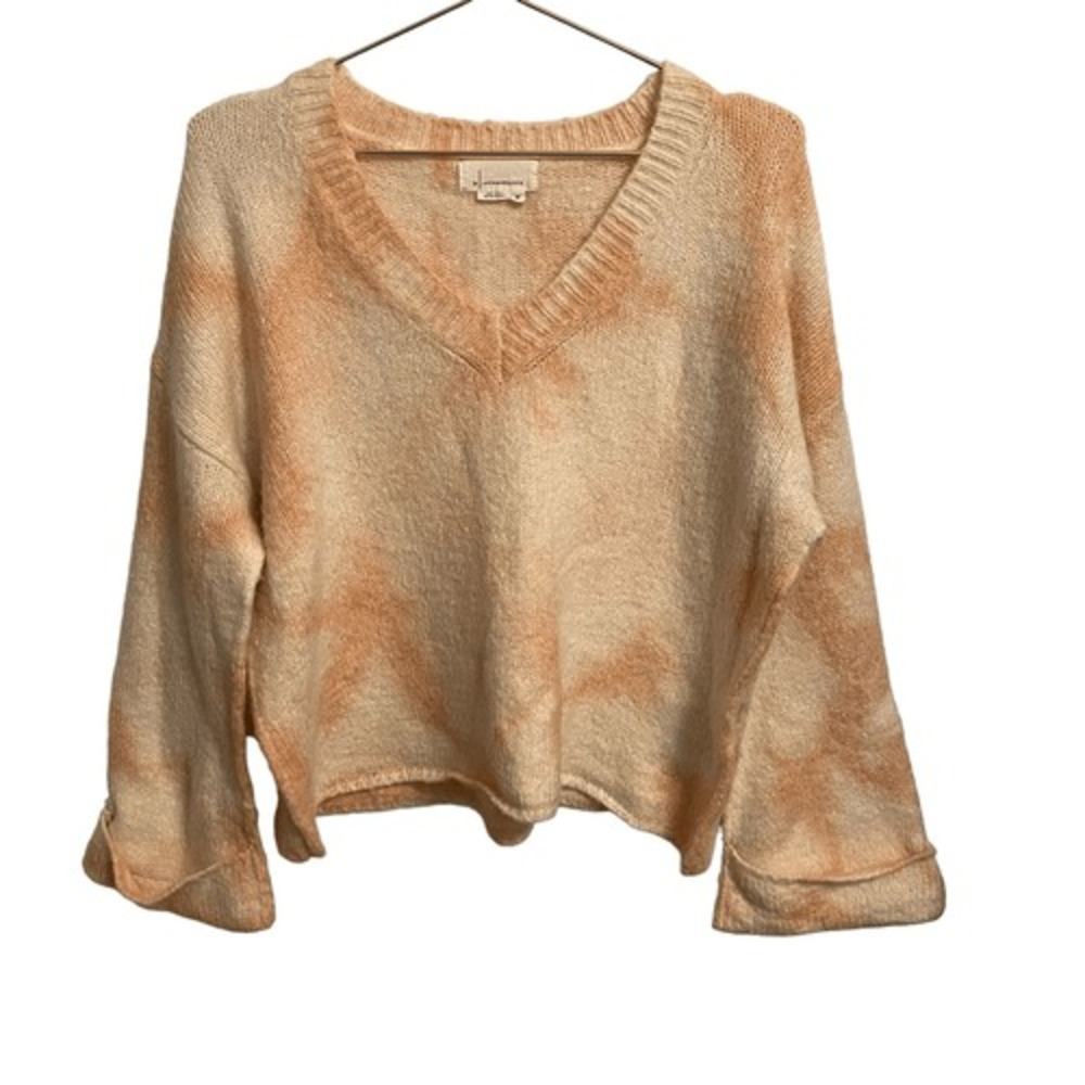 Anthropologie Peach Cream Tie Dye V-Neck Knit Sweater XS Relaxed Fit Boho